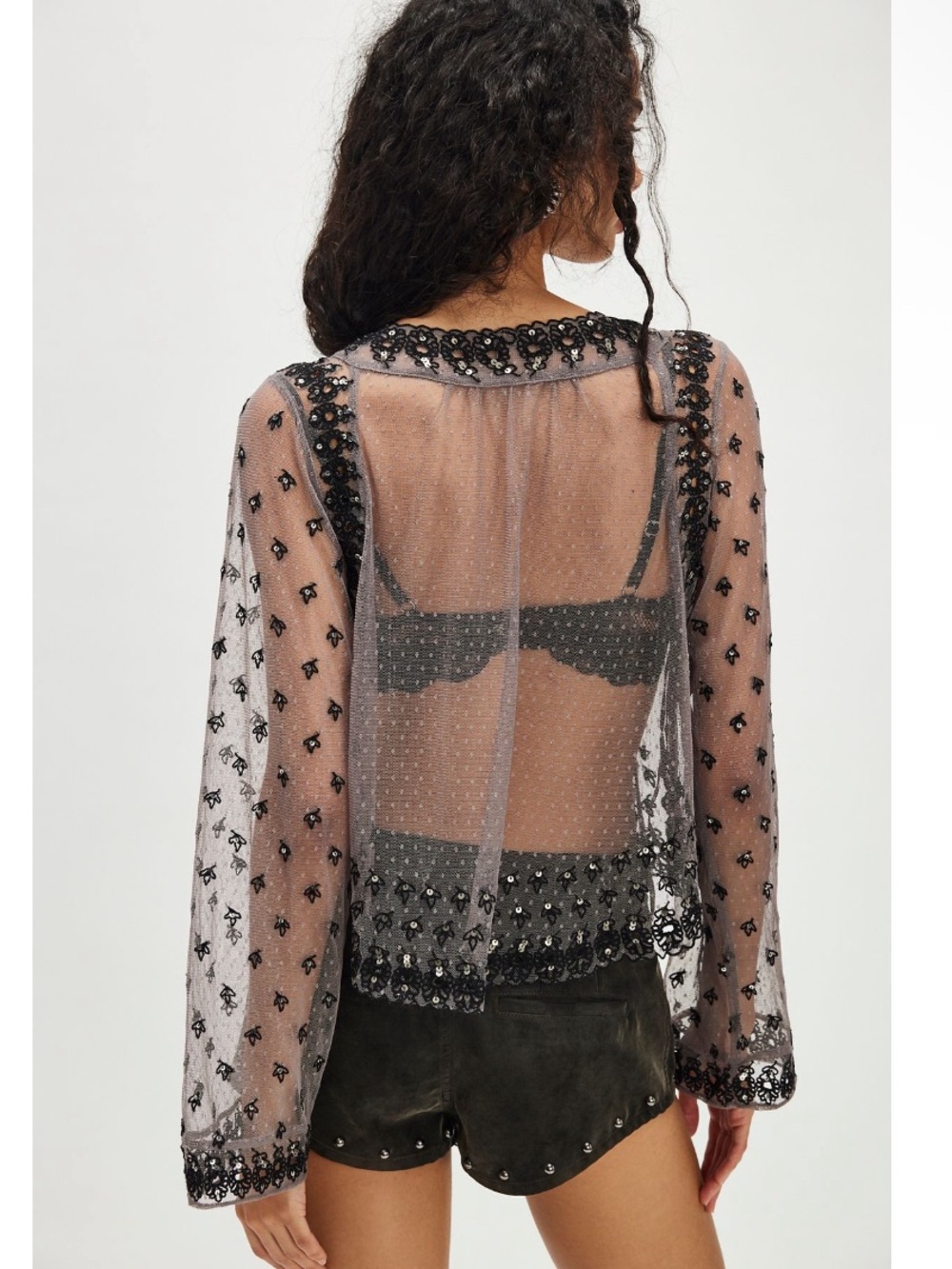 Free People Declan Sequin Sheer Embellished Shirt in Petrified Wood Combo Med - Picture 3 of 8